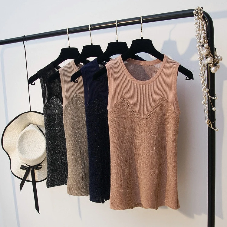 

Cotton Knitted Sleeveless Camis Base Shirt Patchwork Summer Sexy & Club