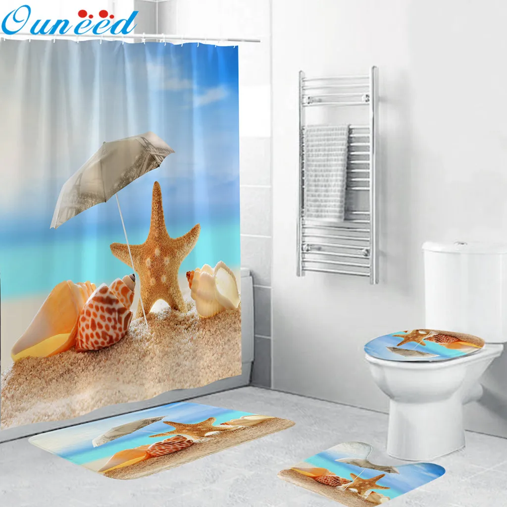 

Ouneed Shower Curtains set 4PCS Non Slip Beach style pattern Toilet Polyester Cover Mat Set starfish Bathroom Shower Curtain new