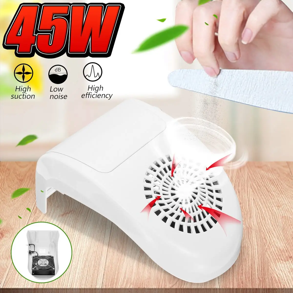 

45W Nail Dust Remover Suction Collector Manicure Machine Nails Vacuum Cleaner AC 110-240V Low Noise Good Heat Dissipation