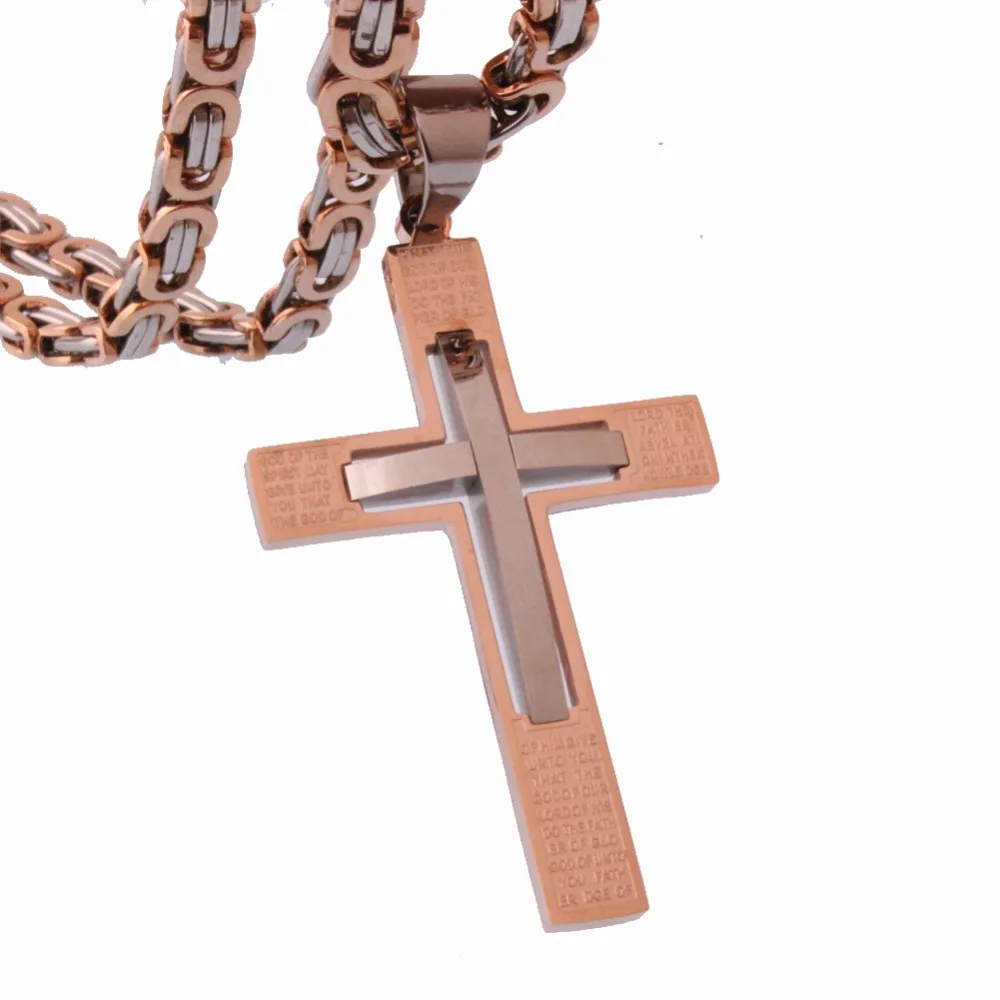 

Elegant Stainless Steel Rose Gold Silver Jesus Rune Cross Pendant With 5mm Handmade Byzantine Chain Necklace Men's Boy's Jewelry