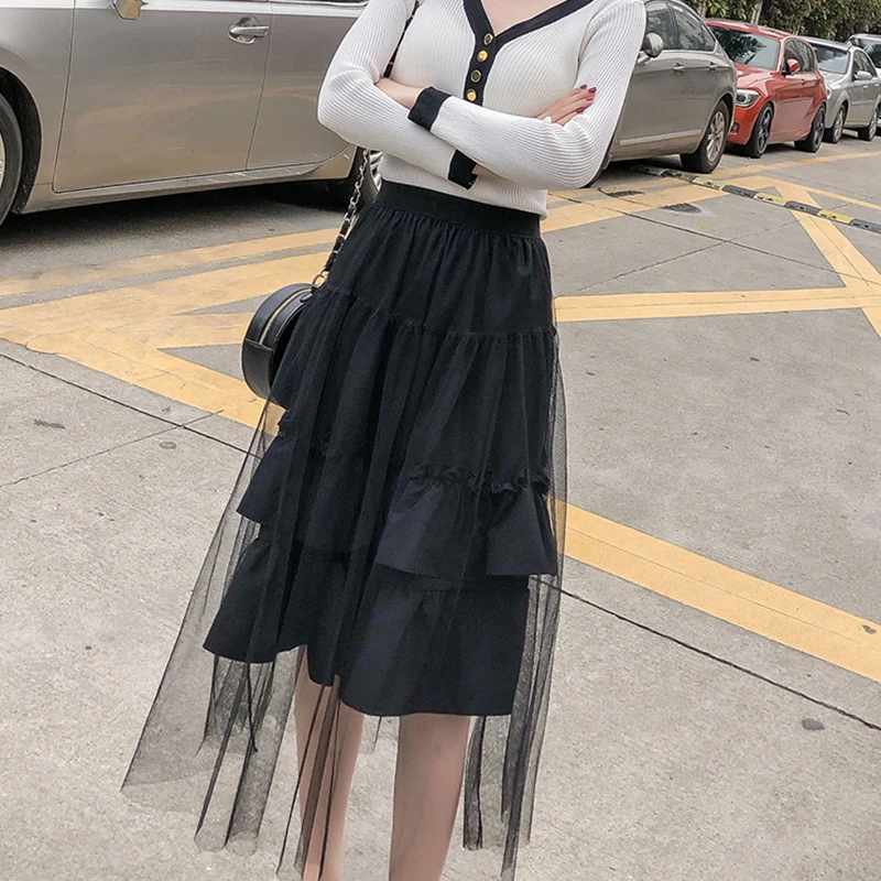 Черный Многоуровневого в горошек Сетчатое короткое платье юбка с оборочкой Для женщин 2019, в Корейском стиле; сезон лето Модные рюшами