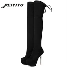 Feiyitu/Сапоги выше колена; пикантные женские вечерние туфли на тонком каблуке; Женские однотонные сапоги из флока на платформе; сезон весна-осень; большие размеры 34-43