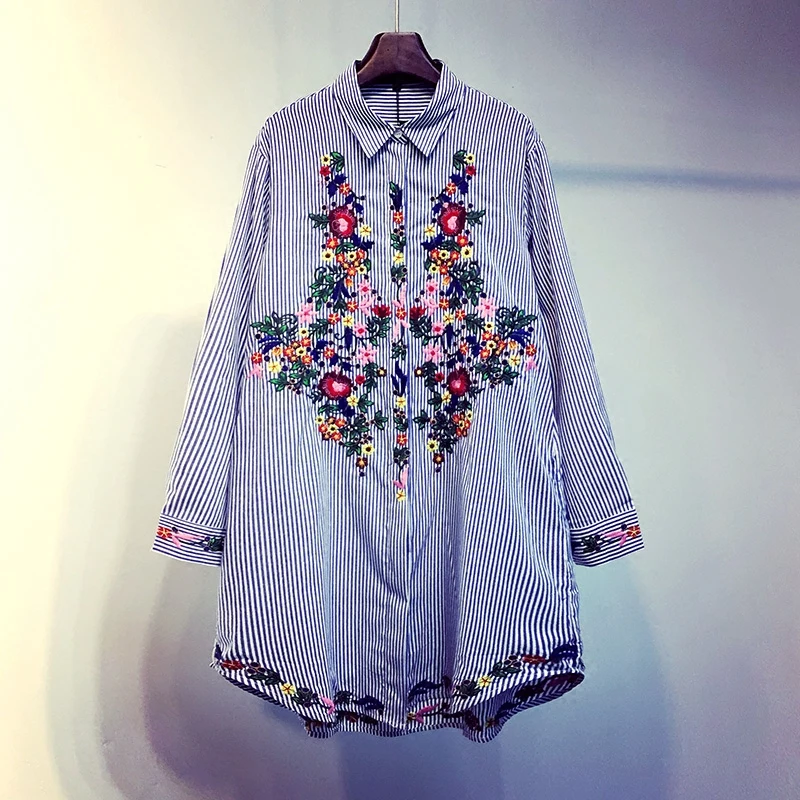 

2018 Rushed Top Fashion Blouse Blusa Turn-down Collar Pullover Striped Long Women's Embroidery Shirt Plus Size Women Clothing