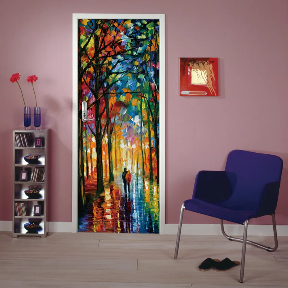 

77x200cm 3D Walking Lovers Door Stickers For Living Room Bedroom PVC Self Adhesive Wallpaper Home Decor DIY Waterproof Mural