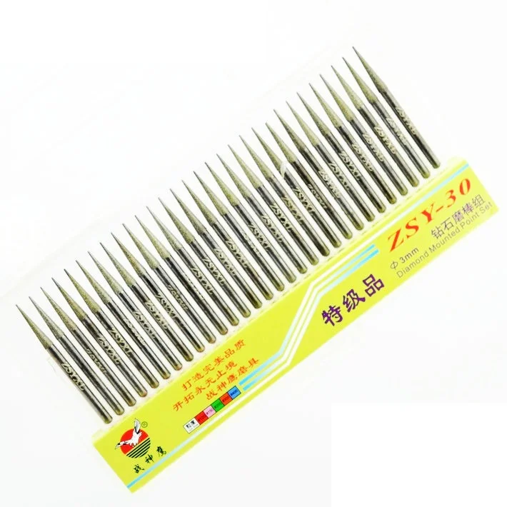 Hot Selling 30pc DIAMOND BURS bur bit set DREMEL 3mm shank Rotary Tool Drill Bit  for grinding jade, stone, marble glass