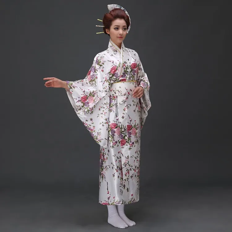 Белый Винтаж японское кимоно для женщин юката хаори с Оби вечернее платье костюм классический азиатская одежда Один размер H0044