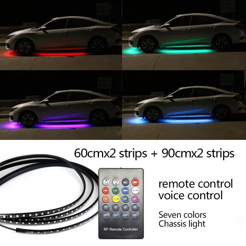 12 В RGB SMD Автомобильные атмосферные огни Музыка Пульт дистанционного управления RGB Светодиодные полосы под автомобилем нижнее белье системы неоновый свет аксессуары - Испускаемый цвет: 60cm 90cm remote