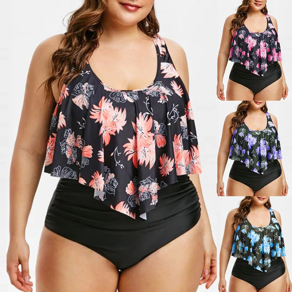 CHAMSGEND Горячая женская большой размер сексуальный сплошной цвет печати рюшами бикини летняя мода пляжная одежда из двух частей купальник