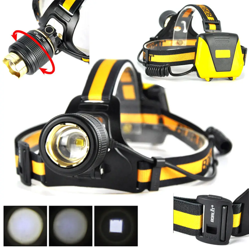 

BORUIT B18 Frontal Led Headlamp Headlight Zoomble Camping Fishing Lamp High Power Led Head Torch SOS Low Whistle AA Battery