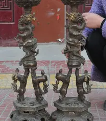Старый Китайской Династии Бронзовый Дракон Зверь Статуя Подсвечники подсвечники Пара
