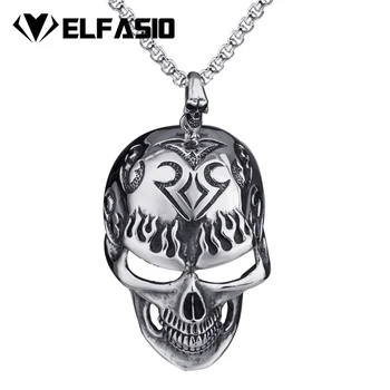 

Men Stainless Steel Pendant Necklace Skull Large Size Silver Biker Punk Pendant Chain Set