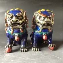 Пара изысканных китайская перегородчатая эмаль медные статуи-лев собака