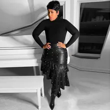 BKLD осенне-зимняя повседневная юбка из искусственной кожи, женская элегантная юбка с оборками на подоле, женские обтягивающие Hig посылка, женские юбки с высокой талией черного цвета