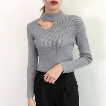 

2019 New Fashion Women Sweaters Autumn Winter Elastic Pullovers Female Solid Long Sleeve Half Turtleneck Tops Casual YF099