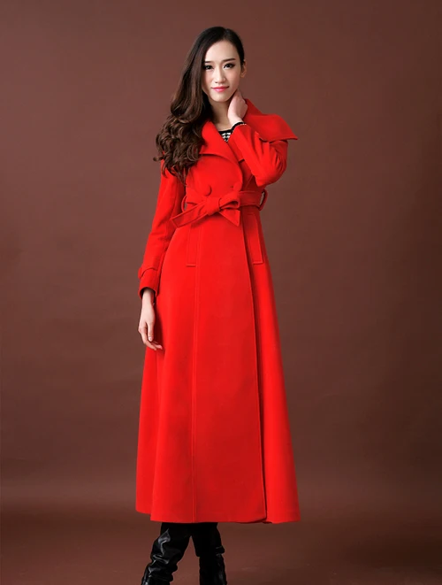 Осень-зима Для женщин супер длинный ремень твердые тонкие кашемировые пальто женские элегантные шерстяные пальто, женская верхняя одежда, S-XXXL D023 - Цвет: red