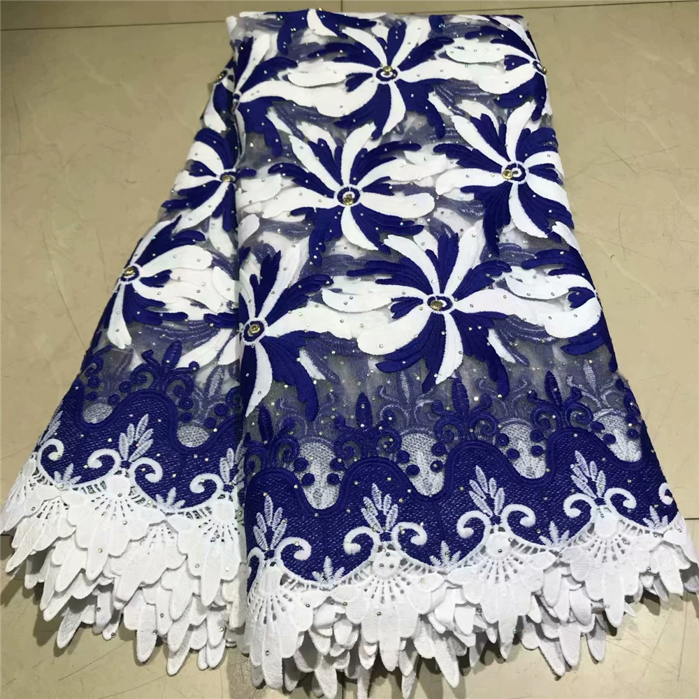 

2019 French Lace Fabric White and blue Wedding High Quality African Tulle Lace Fabric 5Yard Embroidered Tulle Lace fabric