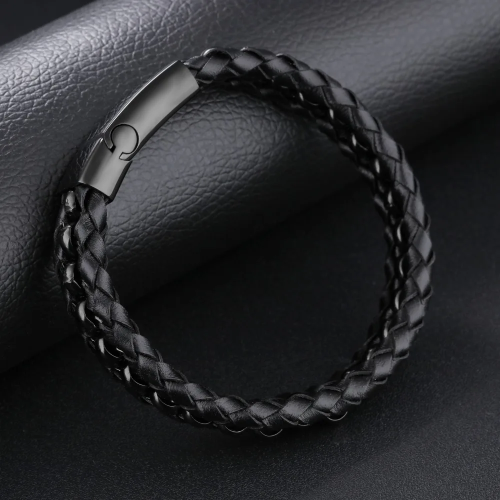 Fate Love Man Personalized Weave Bangle Handmake Black Leather With Chain Bracelet Male Unique Jewelry Gift Drop Shipping FL1142