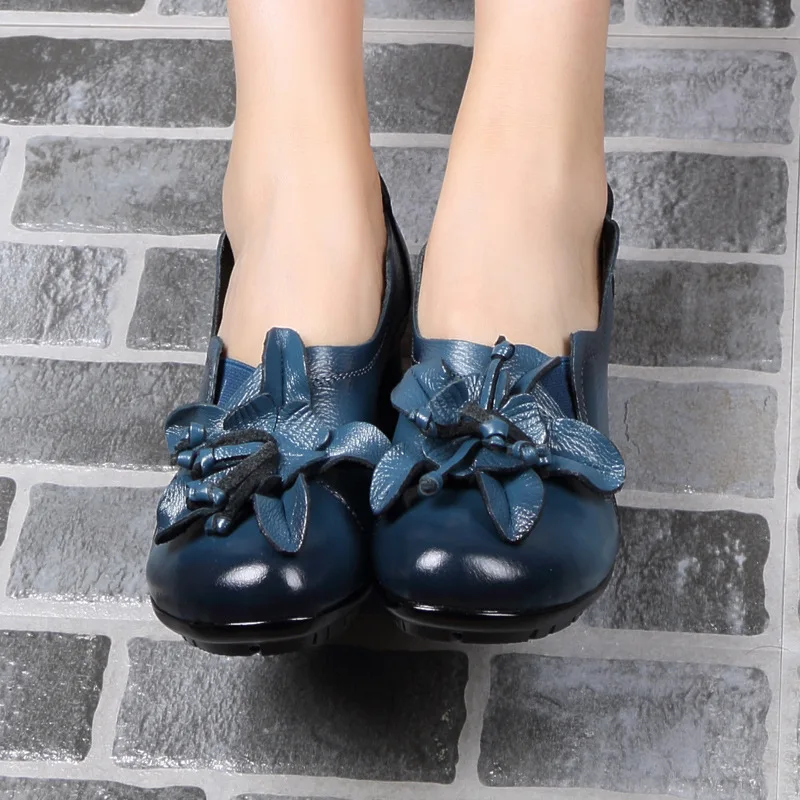 Cuir Bout La Chaussures Style En bleu Véritable Noir Femmes Main Rétro Hauts rouge Épais Pompes Belle À Avec Rond Talons qSpPwZ