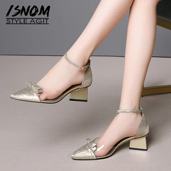 

ISNOM Sheepskin Summer Sandals Women High Heels Sandals Women 2019 Strange Style Shoes Female Transparent Pvc Ankle Strap Shoes