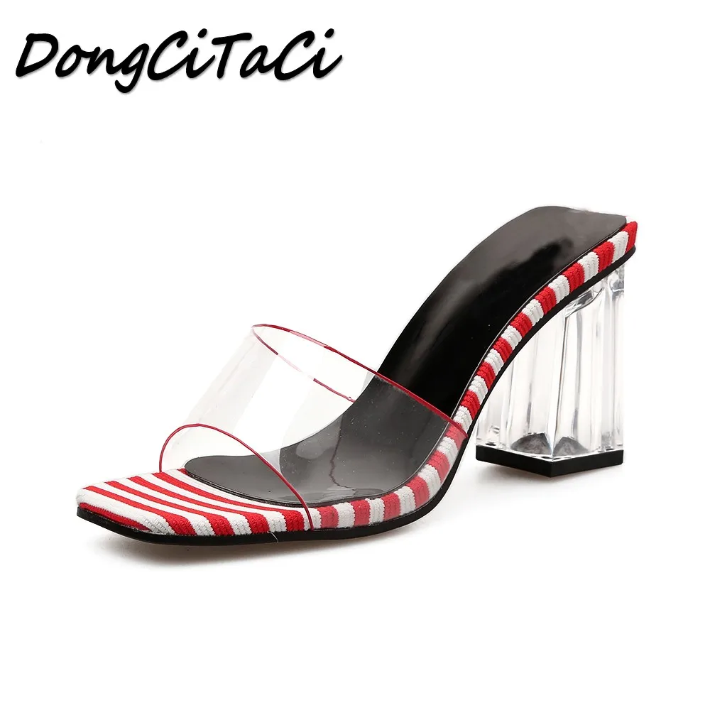 

DongCiTaCi Summer Women Square heel Sandals Shoes Woman Pumps Fashion Party Wedding Striped Female Transparent Thick Heel Shoes