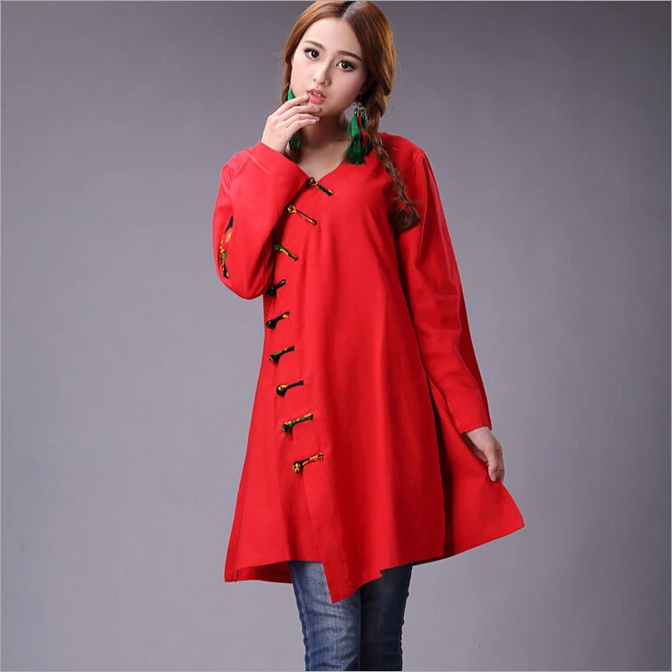 Plus Size patchwork Shirt Women Autumn Chinese Style V Collar Long
