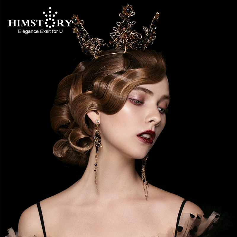 

Himstory Baroque Tiara Crown Vintage Bridal Wedding Black Queen Crown Handmade Round Retro Hair Jewelry Headpiece Accessories