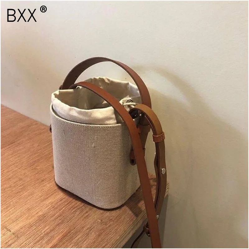 

[BXX] Vintage Drawstring Women's Canvas Bucket Bag Summer Shoulder Bags Shopping Purse Beach Handbag Travel Messenger Bag HE218
