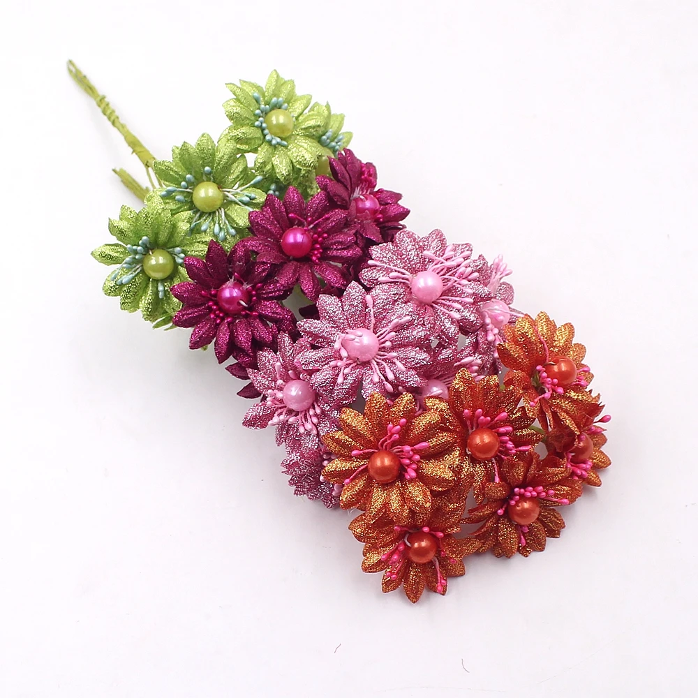60Pcs/lot Glitter Pearl Daisy Artificial Mini Flowers For Wedding Party