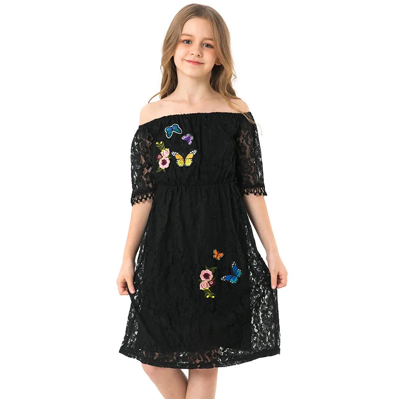 Элегантное платье для девочек; Новинка; кружевное платье без рукавов; милое летнее платье принцессы черного цвета; милое детское платье с цветочной вышивкой