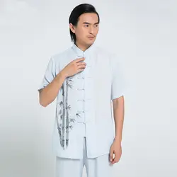 Лето 2019 г. новый короткий рукав Тай Chi Kung фу комплект свободные воротник стойка цветок монах Хан фу костюм китайский стиль мужской рубашк