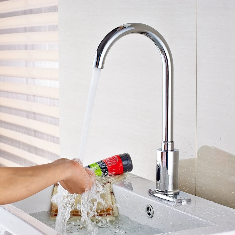 Chrome Automatic Sensor Faucet For Cold Water Deck Mount Sink Tap 4 Cover Plate