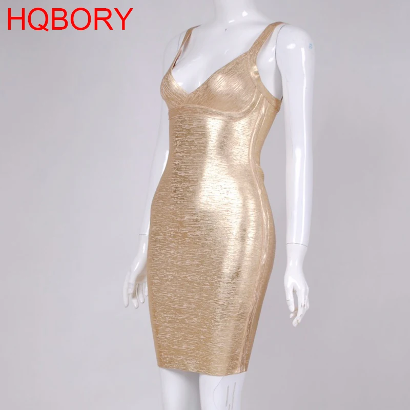 Золото металлик Спагетти ремень Мини v-образный вырез высокое качество год сексуальное облегающее Бандажное платье