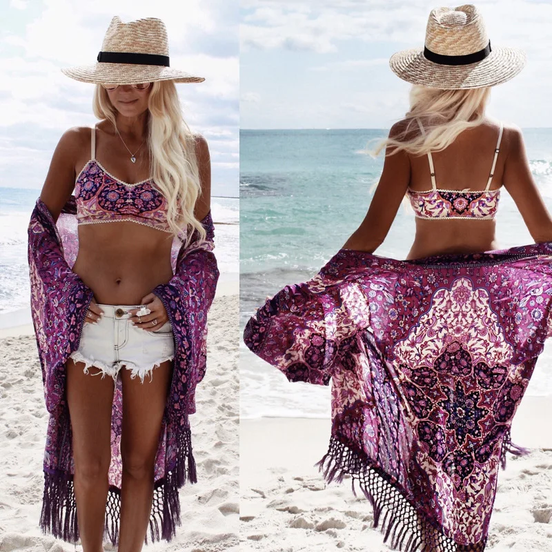 

Beach Wear Women's Plus Size Tunic Dress Cape Summer Long 2019 Purple Fringed Chiffon Printed Bikinis Smock Female Print Acetate