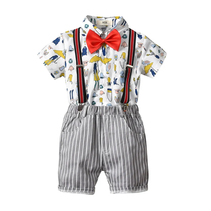 Baby Summer Clothes Kids Sets Baby Boy Stripe Strap Shorts+Short Sleeve Casual Cartoon Print Shirt Gentle Outfits Clothes Set