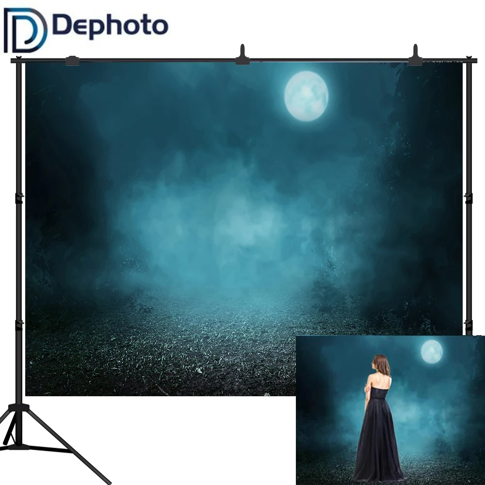 Dephoto Хэллоуин тематический фон Мисти лес Луна путь для фотосъемки страшное