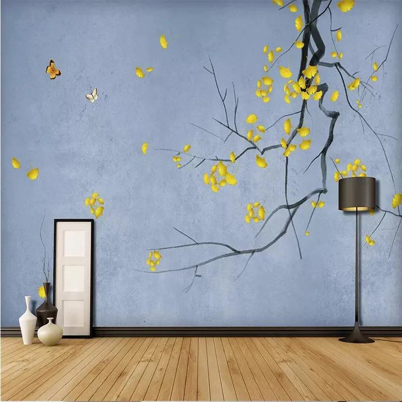 Custom Mural Wallpaper Hand Painted Gold Ginkgo Background Wall