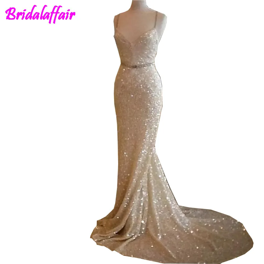 

2018 Shinning Sequined Mermaid Prom Dresses Long Sexy Spaghetti Sweep Train Mermaid Custom Made Formal Wear Party Evening Gowns