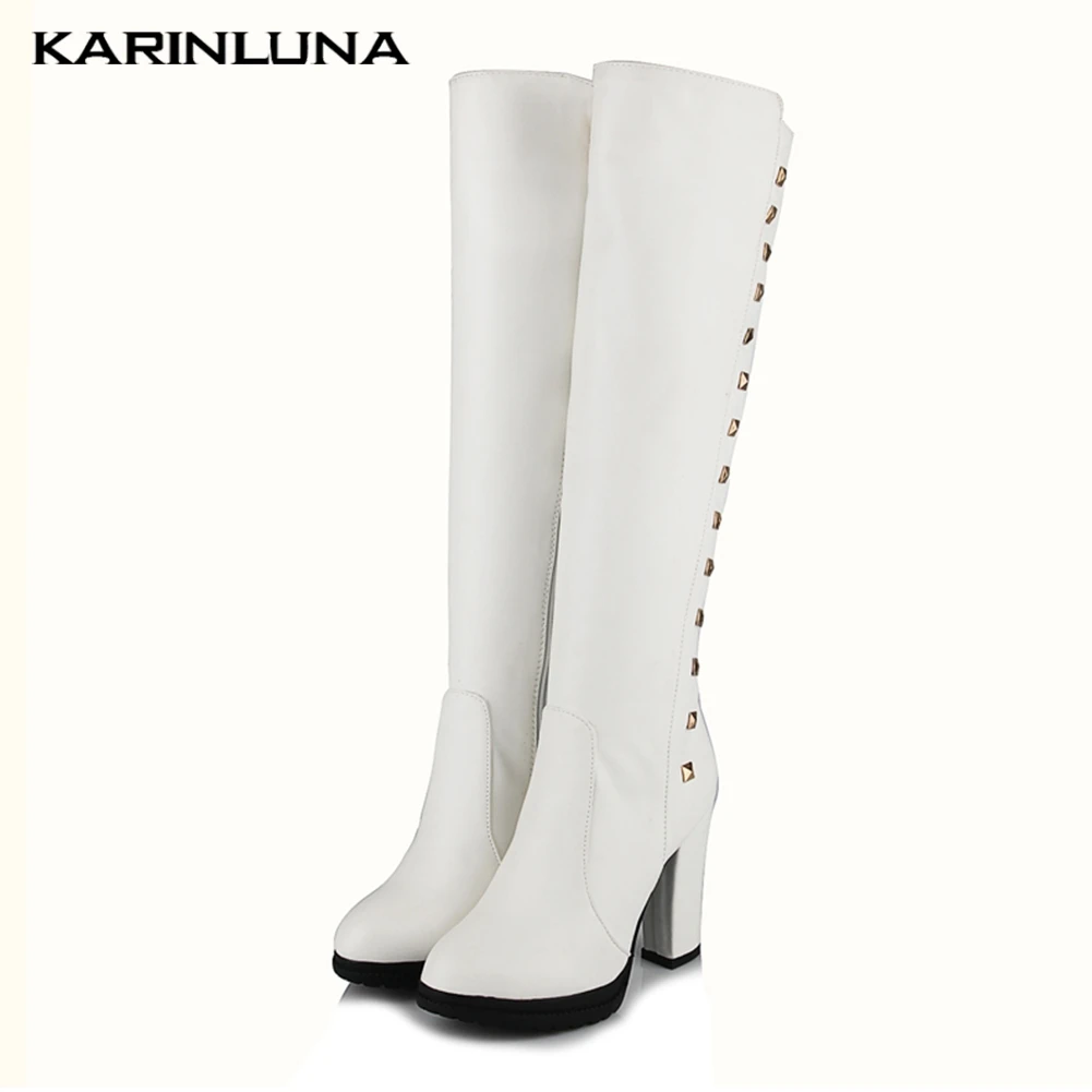 

Karinluna Brand Design Large Size 43 Knee High Boots Women Shoes Chunky High Heels Fashion Retro Top Quality Shoes Woman Boots
