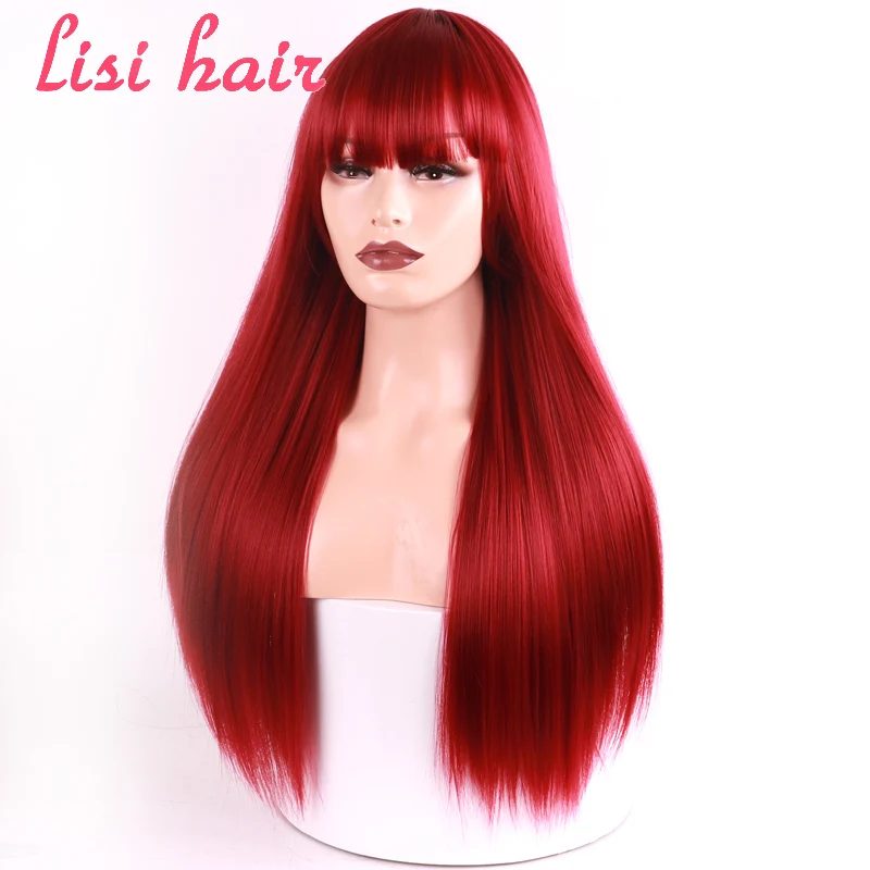 

LISI HAIR Blonde Long Straight Wig With Bangs Synthetic Hair Wigs Bang With Wig For Woman Black Brown Heat Resistant Wigs 26Inch