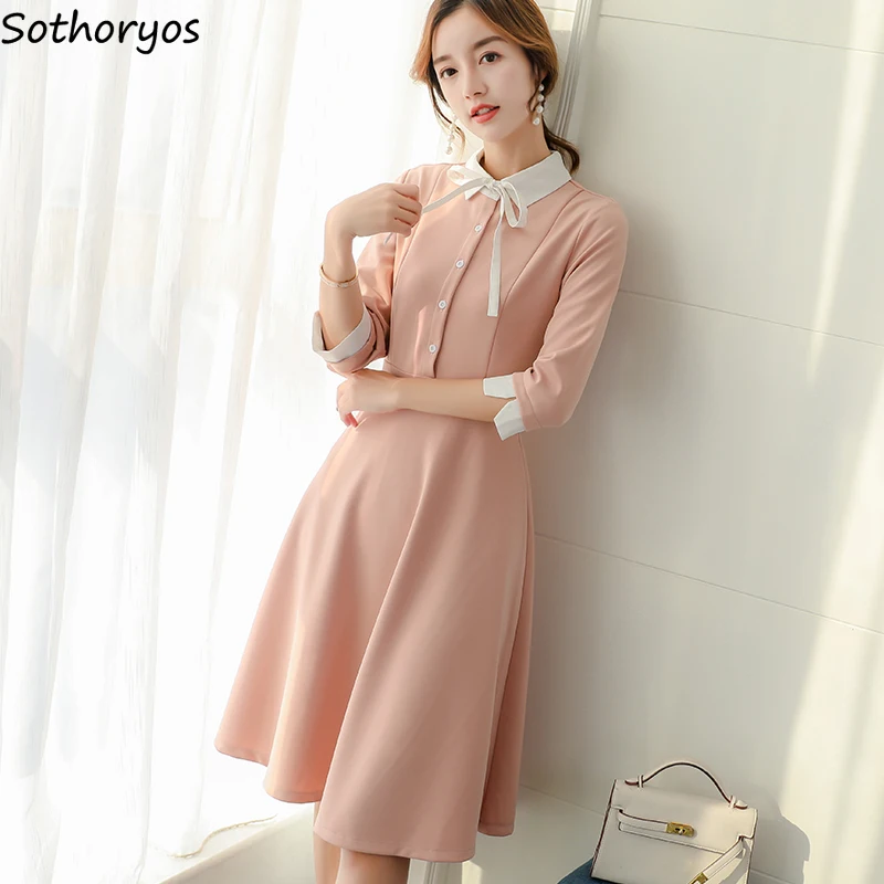 

Dress Women Solid Bow Sweet Pink Kawaii Simple A-Line Elegant All-match Leisure Female Korean Style Womens Slim Clothing Lovely