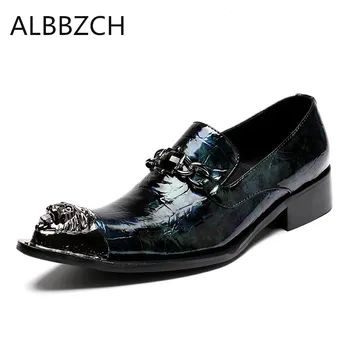 

New fashion rhinestone buckle luxury metal pointed toe slip on career work men shoes genuine leather wedding photography shoes