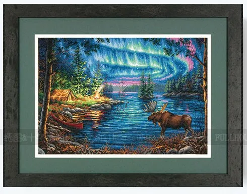 cs-2058 Cross Stitch Kit Northern Night Aurora Polar Light Deer Lake House Blue Night DIM 35312
