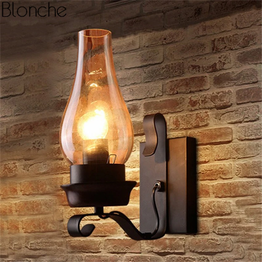 

American Retro Kerosene Wall Lamp Glass Lampshade Wall Sconce Loft Metal Lights for Restaurant Bar Stair Light Industrial Decor
