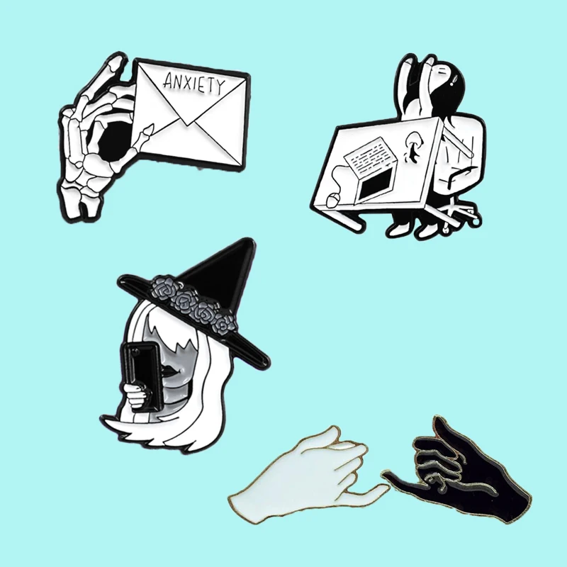 

White hair witch hand hold phone Gothic Skeleton Hand Letter White Black Hand Gesture Manic Irritability Worker Badge brooch