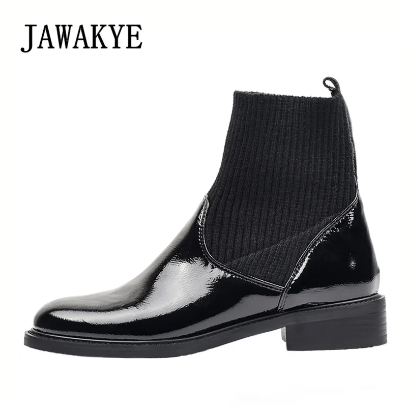 

2019 Newest Stretch Knitting Socks Boots For Women Patent Leather Flat Heel Winter Short Boots Patchwork Slim Ankle boots Women