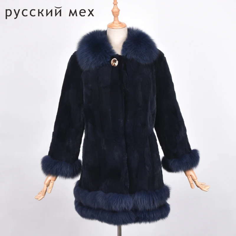 Naturel Mode De Outwear Fourrure Dark Col Haute Chaud Vestes Renard Femmes Hiver Réel Blue Qualité Manteaux Lapin noir Manteau H48qxw66d