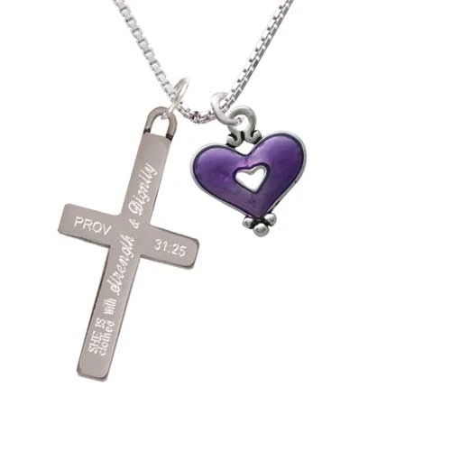 Hot Purple Enamel Heart with Cutout - Strength and Dignity - Cross Necklace (1)