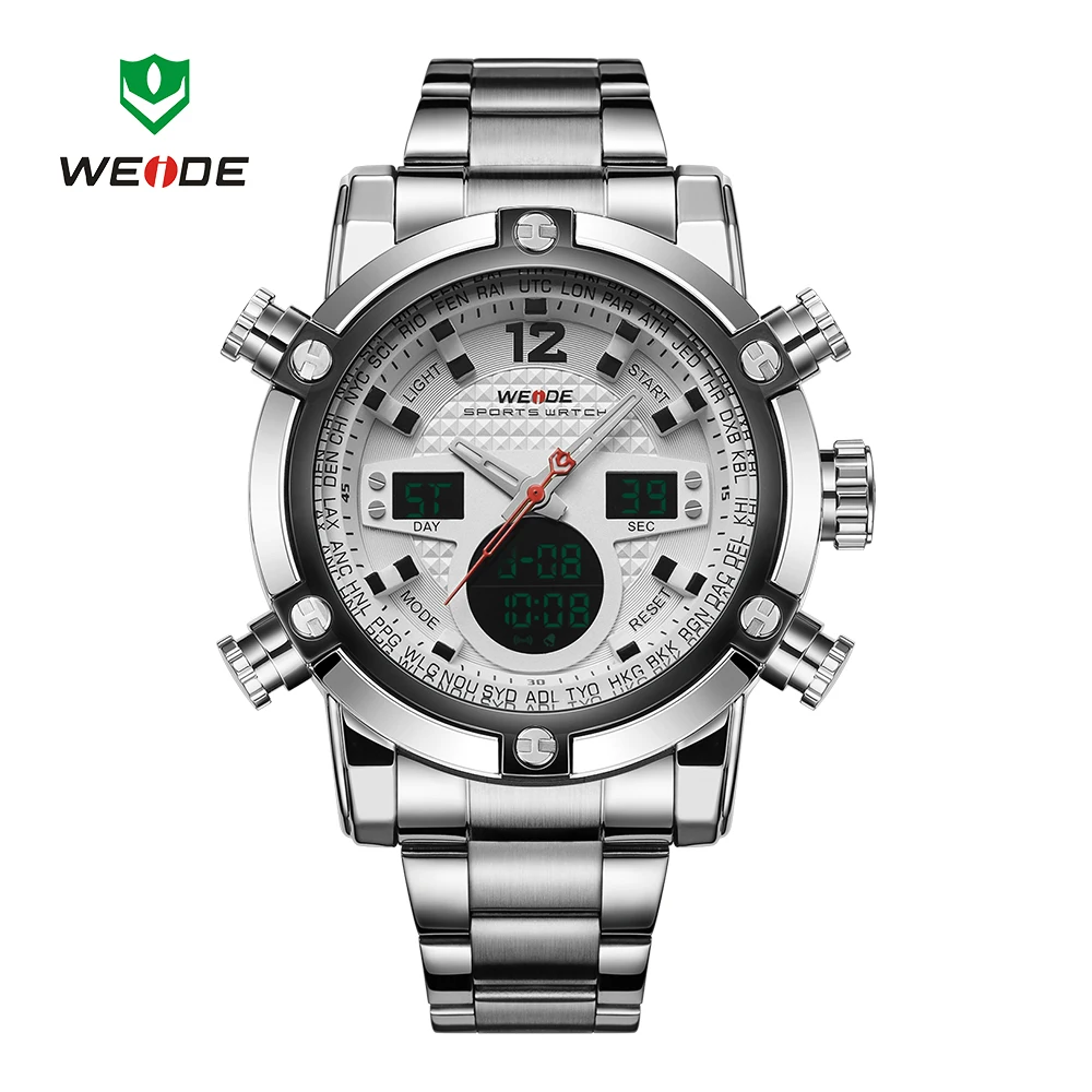 

Fashion WEIDE NEW Dress Watch Mens Digital Quartz Watch LED Dual Time Waterproof Wristwatch Steel Band Functional Clock Relogios