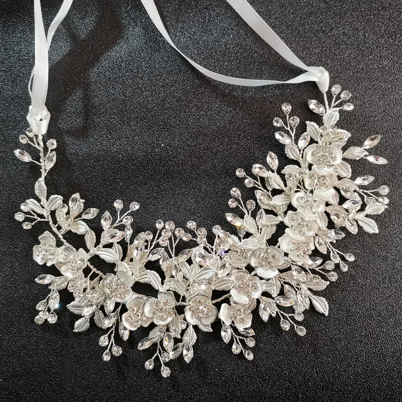 

SLBRIDAL Handmade Silver Color Crystal Rhinestone Flower Leaf Wedding Hair accessories Hair Vine Bridal Headband Women Jewelry