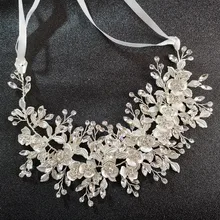 SLBRIDAL ручной работы серебро прозрачный кристалл горного хрусталя цветок лист свадебные женские аксессуары для волос свадебное украшение для волос повязка для женщи